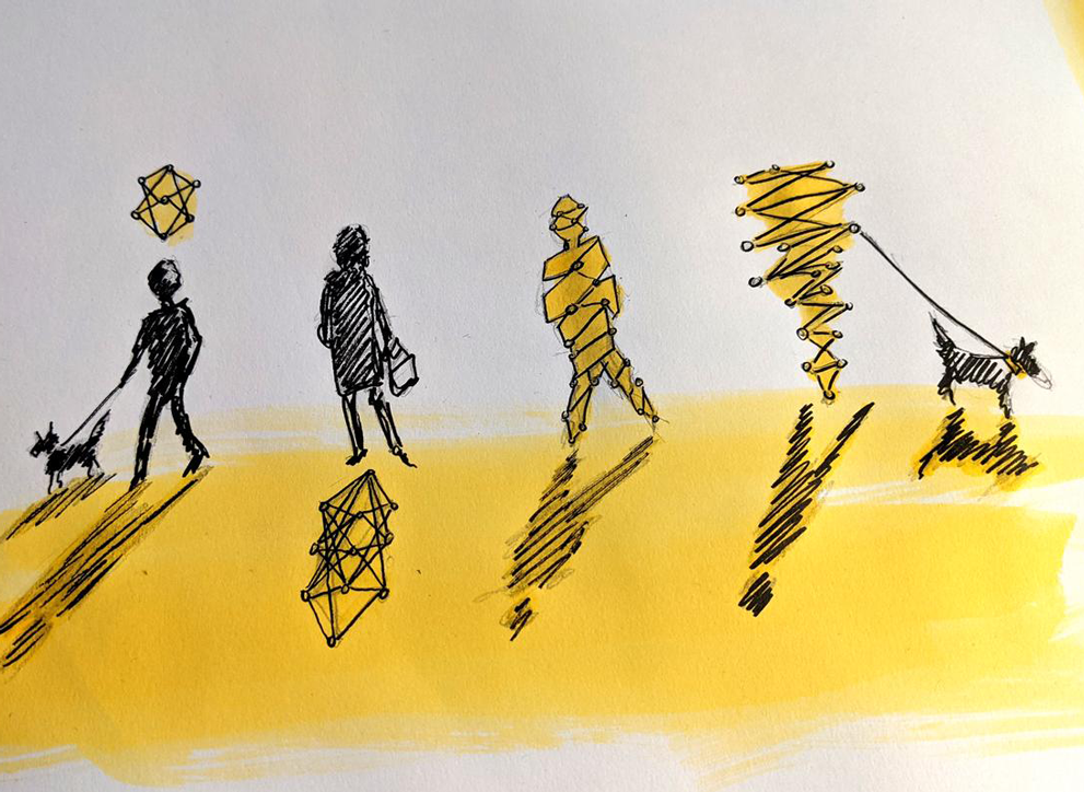 A watercolour illustration in two strong colours showing the silhouettes of four people, two of whom have dogs on leads. They all cast shadows, and vary between realistic representations and those formed by representations of algorithms, data points or networks.