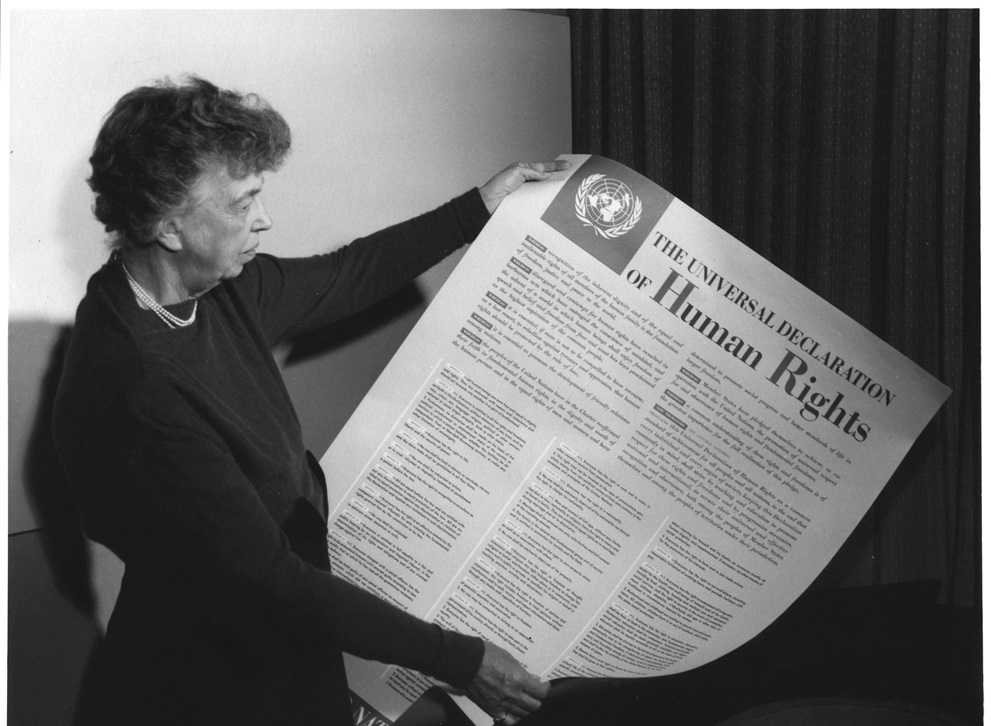 Eleanor Roosevelt reads the Universal Declaration of Human Rights in 1949; FDR Presidential Library & Museum 64-165