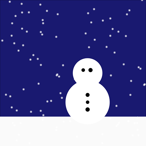 Dark blue square with off-white rectangle at the bottom and small random white stars, and two white circles slightly off centre. Five black dots denote two eyes and three buttons on a snowman.