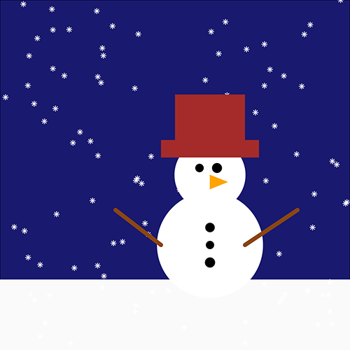Dark blue square with off-white rectangle at the bottom and small random white stars, and two white circles slightly off centre. Five black dots denote two eyes and three buttons on a snowman. Two brown lines look like arms. Two red rectangles form a hat. Orange triangle as a nose.