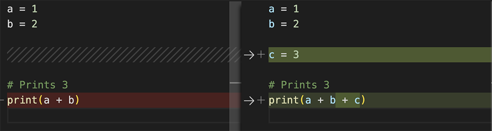 A simple example of GitHub version tracking, showing how changes to a file are tracked and highlighted