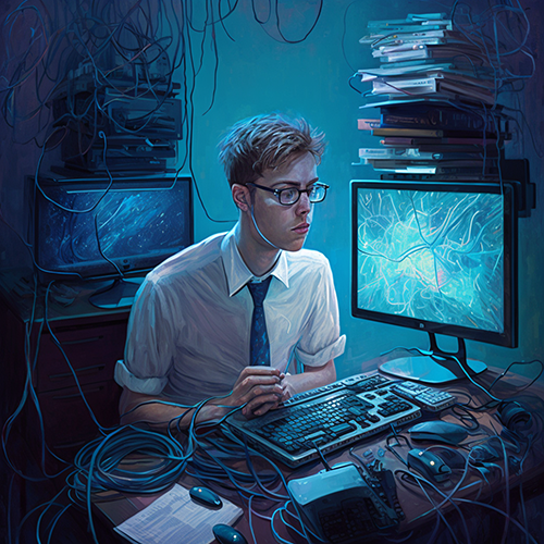 A young man sits in front of a computer keyboard, surrounded by monitors and books and with computer cables covering various surfaces