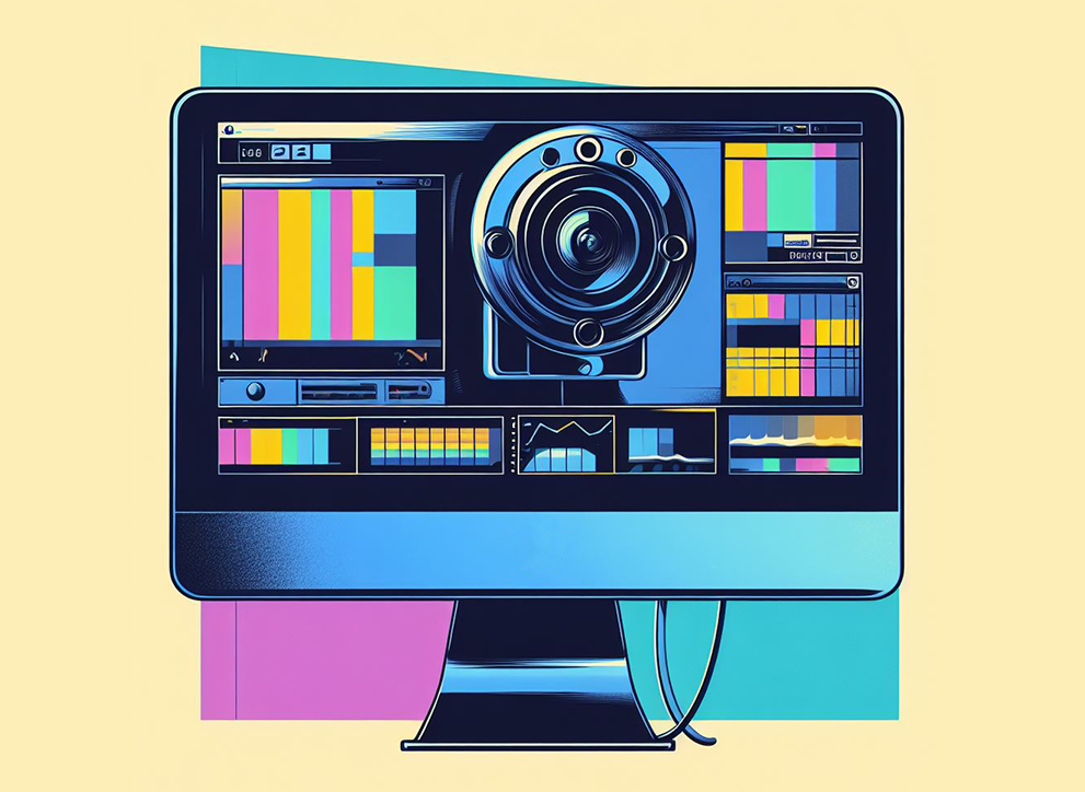 Computer monitor displaying bodycam recordings, primary colours, digital art. Created using Bing Image Creator.