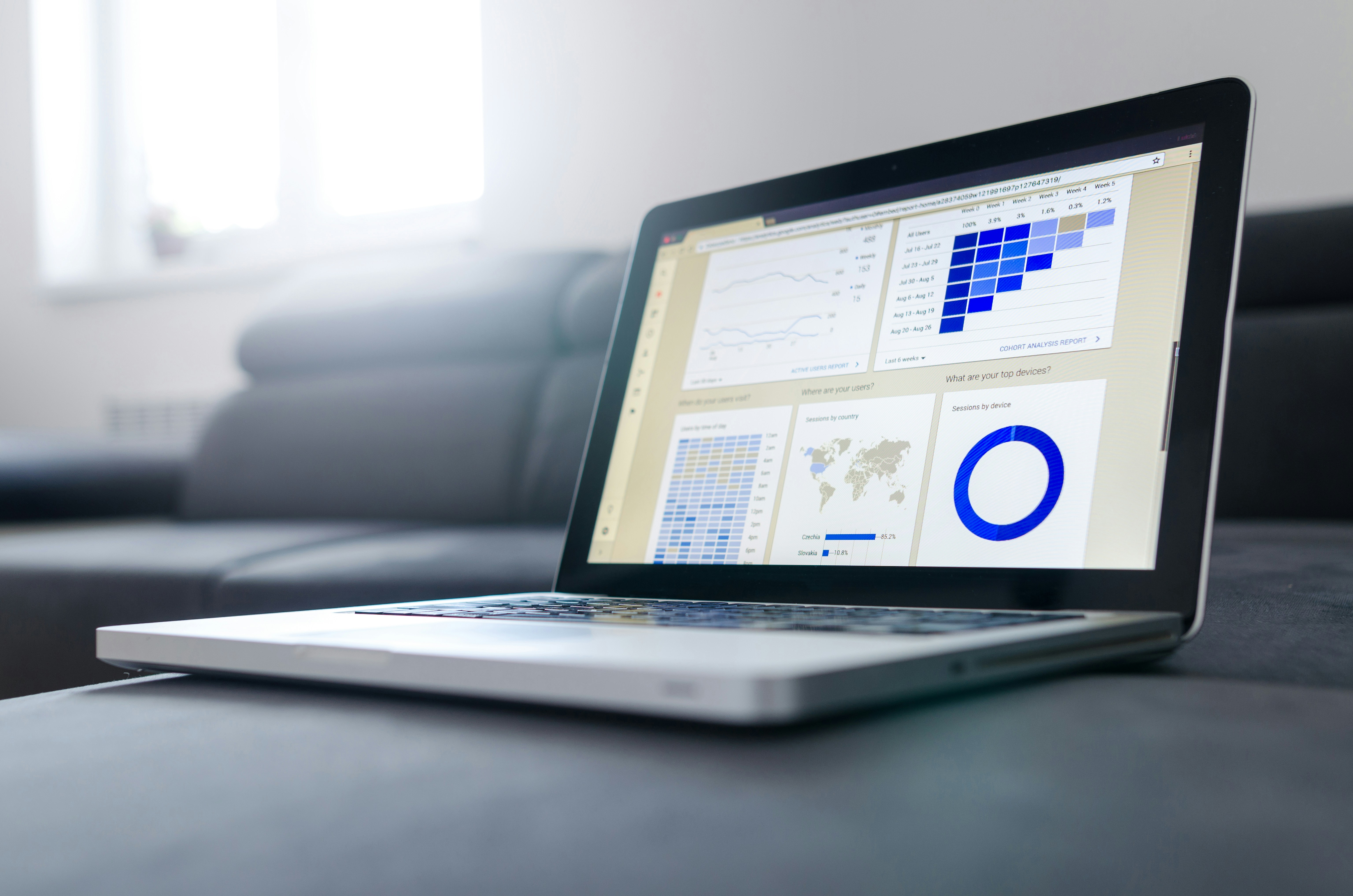 A laptop computer showing a variety of data visualisations.