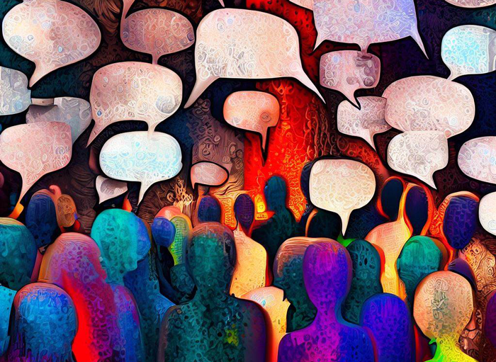 A crowd of people talking, with speech bubbles representing the different voices, digital art. Image created by Real World Data Science using Microsoft Bing Image Creator