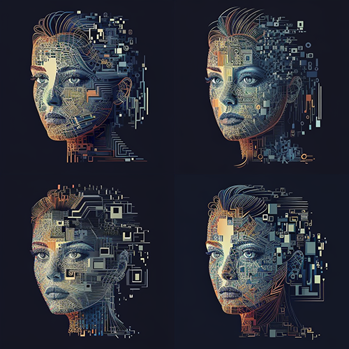 Four portraits rendered by generative AI. Each portrait looks broadly similar, but there are noticeable differences in facial features and the abstract patterns overlaid on the portraits