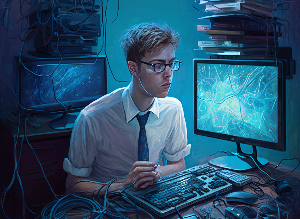 A young man sits in front of a computer keyboard, surrounded by monitors and books and with computer cables covering various surfaces.