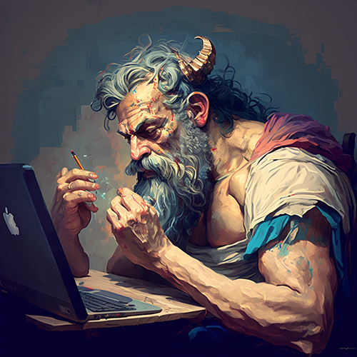 A rendering of the god Jupiter, holding a pencil and sat in front of an open laptop computer