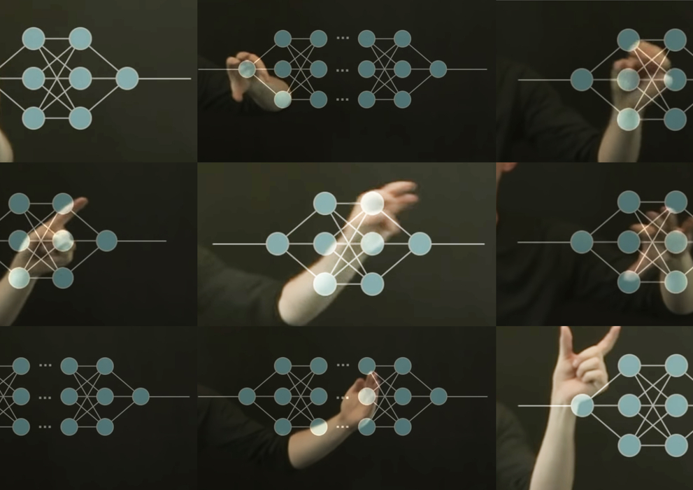 Nine small images with schematic representations of differently shaped neural networks, a human hand making a different gesture is placed behind each network.
