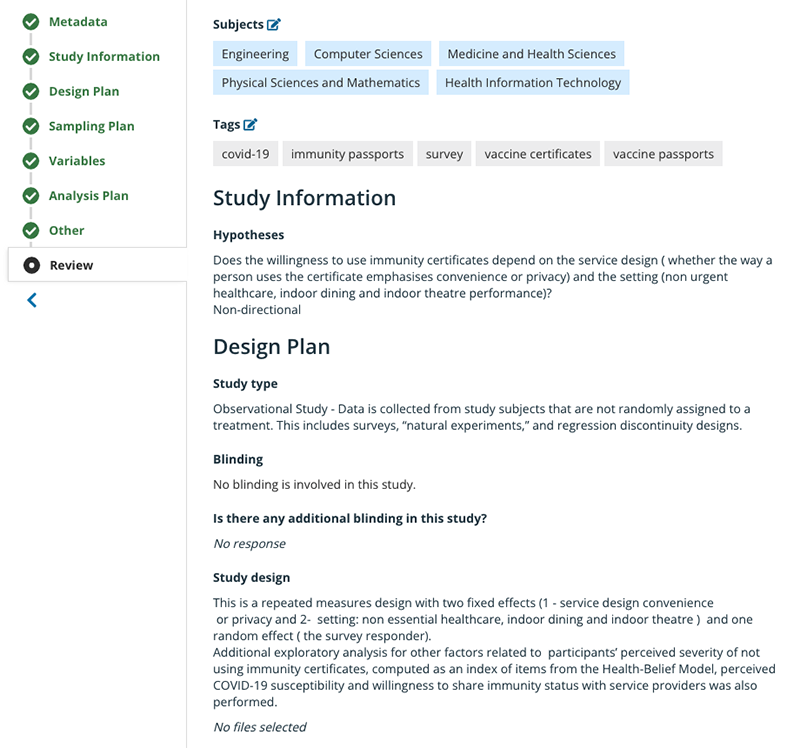 Screengrab of a pre-registration document, detailing a research project's hypothesis, study type, and study design.