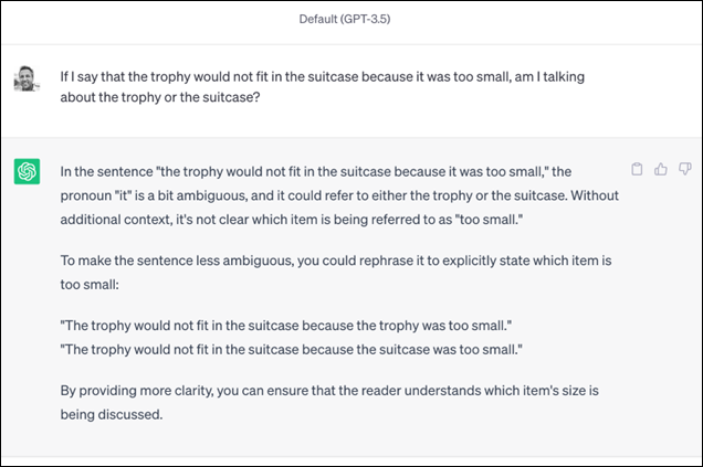 Screenshot of author's ChatGPT conversation, prompting the AI chatbot to solve a WinoGrad schema question