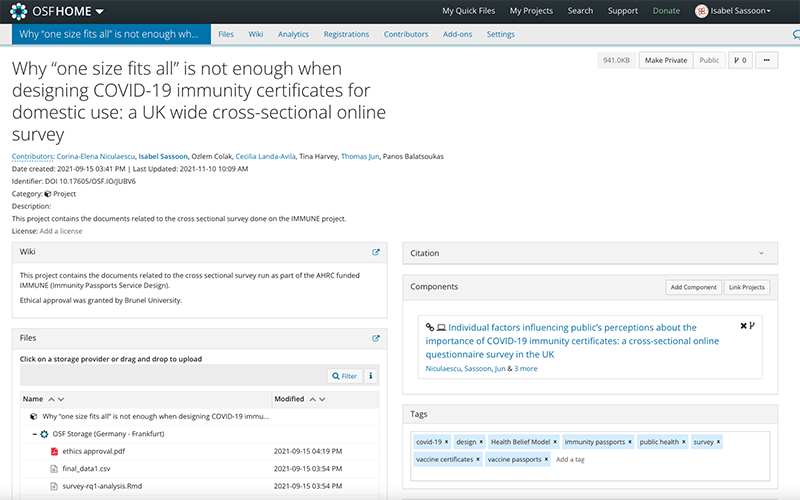 Screengrab of an Open Science Framework repository for a project titled 'Why one size fits all is not enough when designing COVID-19 immunity certificates for domestic use.'