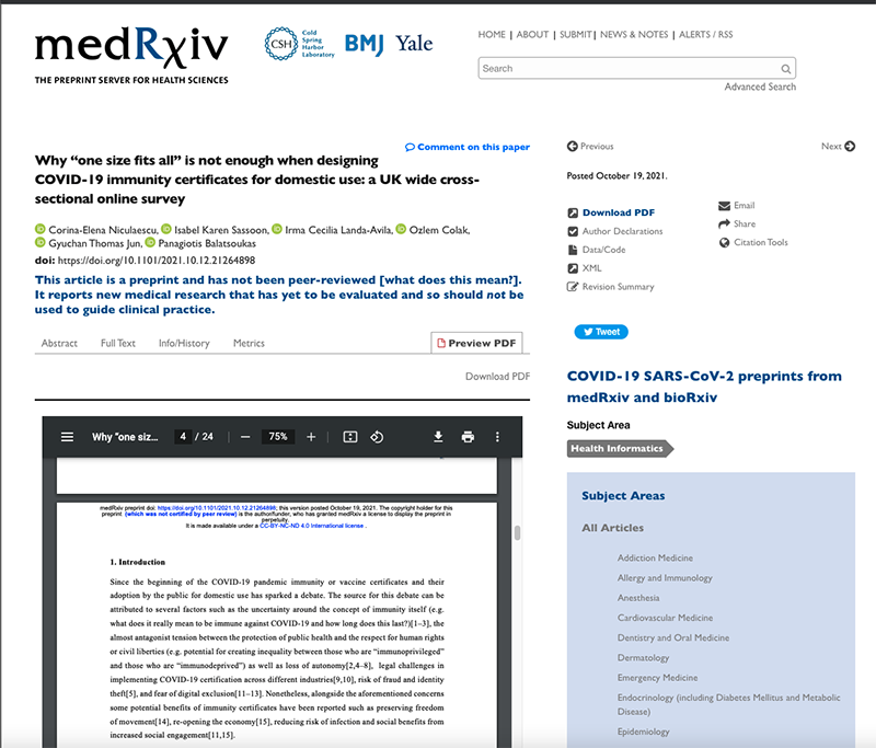 Screengrab of the MedRxiv page for a paper titled 'Why one size fits all is not enough when designing COVID-19 immunity certificates for domestic use: a UK wide cross-sectional online survey.'