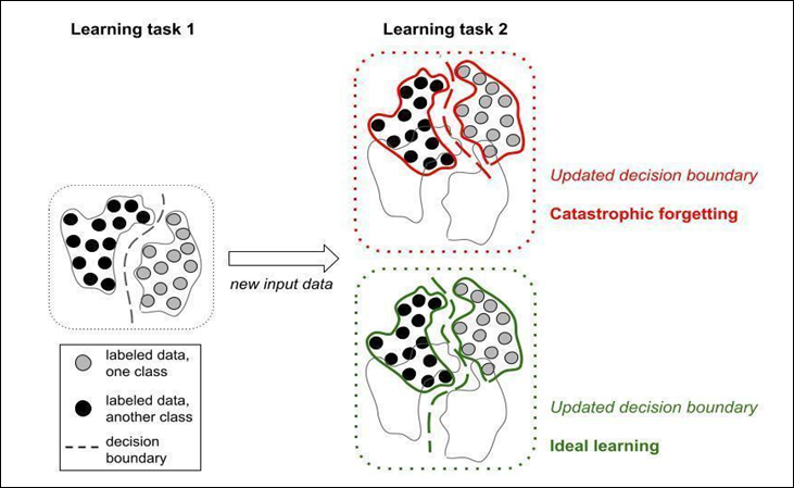 Illustration of catastrophic forgetting and ideal learning in a two-class classifier