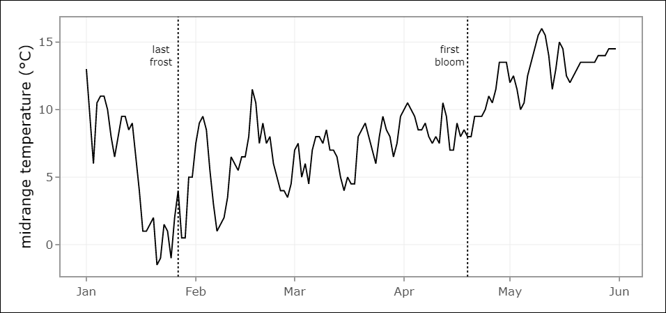 A line graph of midrange temperature by day in Brussels for January 1 to February 18 (observed) and February 19 to May 20 (forecast), 2023, with day of last frost (January 27) and predicted day of first bloom (April 19) marked by vertical dashed lines.