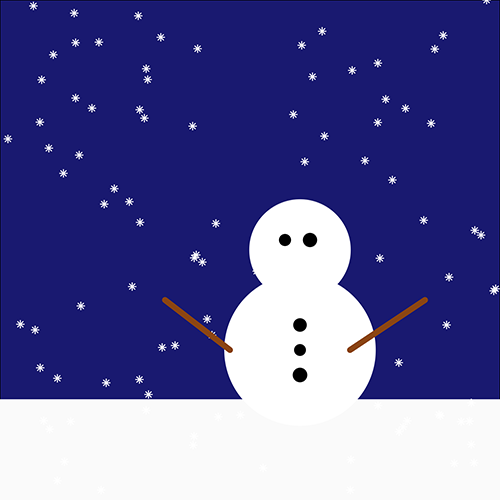 Dark blue square with off-white rectangle at the bottom and small random white stars, and two white circles slightly off centre. Five black dots denote two eyes and three buttons on a snowman. Two brown lines look like arms.