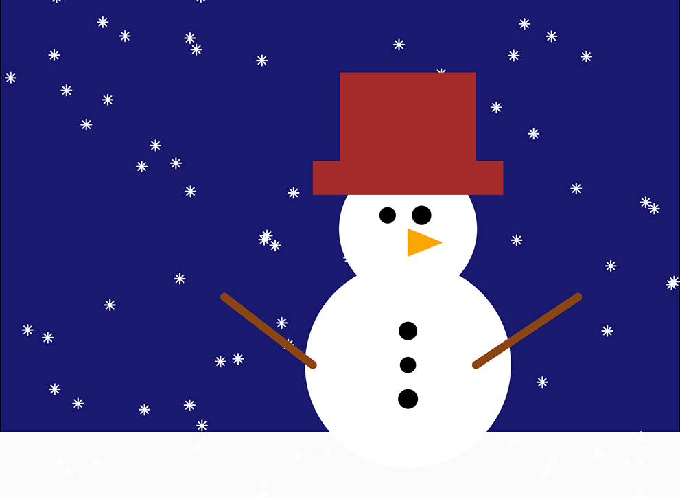 Dark blue square with off-white rectangle at the bottom and small random white stars, and two white circles slightly off centre. Five black dots denote two eyes and three buttons on a snowman. Two brown lines look like arms. Two red rectangles form a hat. Orange triangle as a nose, with text reading Merry Christmas at the bottom.