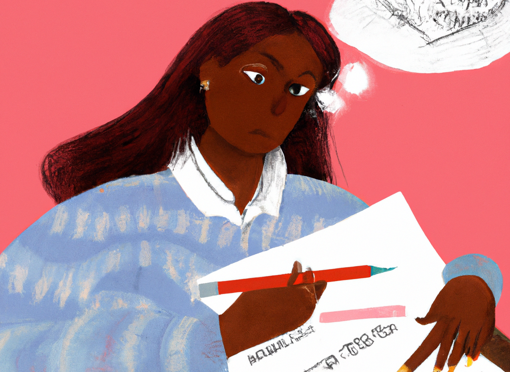 A teacher is marking homework and trying to decide whether a written piece of text has been created by a student or by a large language model, digital art. Created by DALL·E, prompt by Real World Data Science.