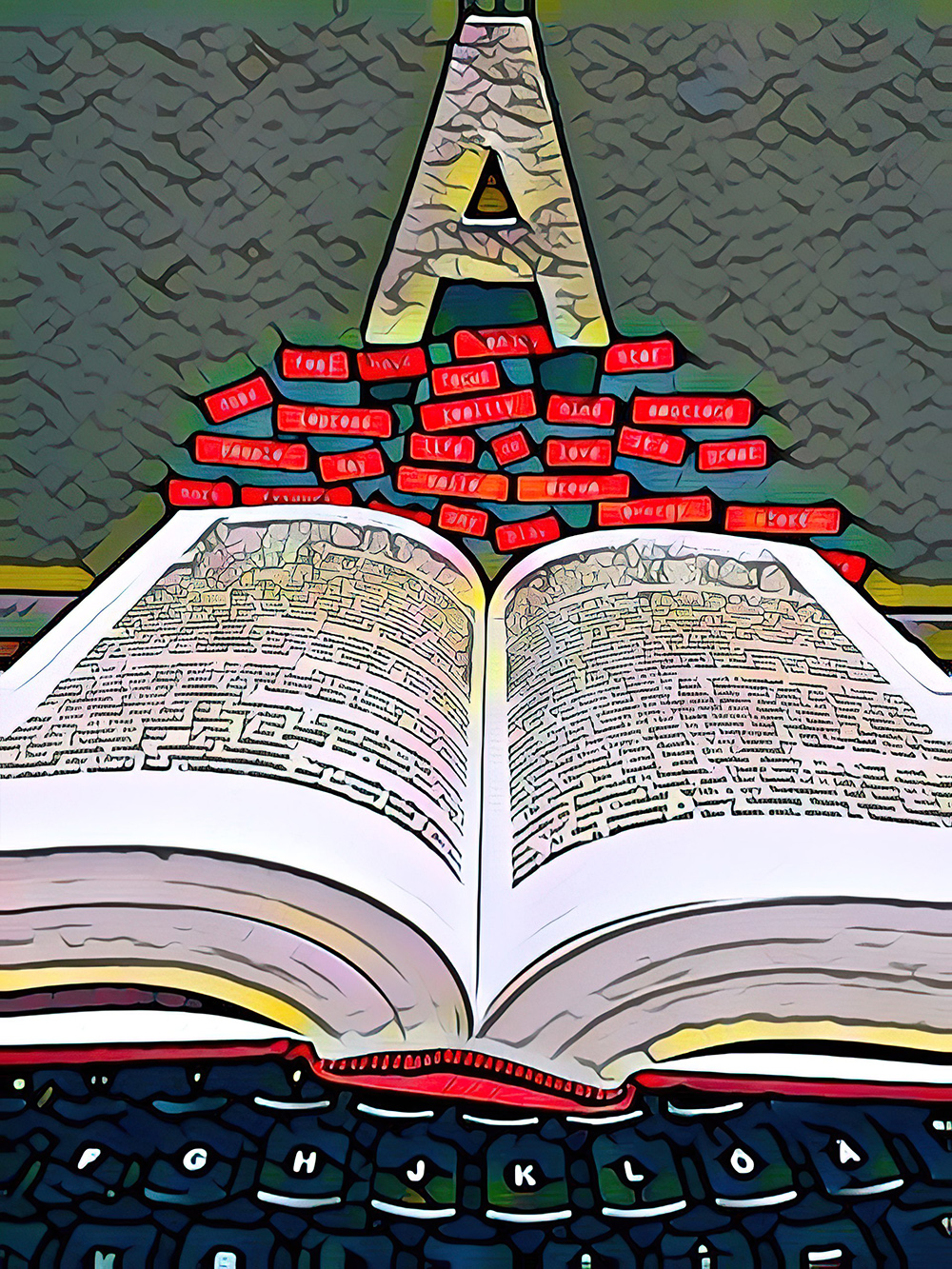 A black keyboard at the bottom of the picture has an open book on it, with red words in labels floating on top, with a letter A balanced on top of them. The perspective makes the composition form a kind of triangle from the keyboard to the capital A. The AI filter makes it look like a messy, with a kind of cartoon style.