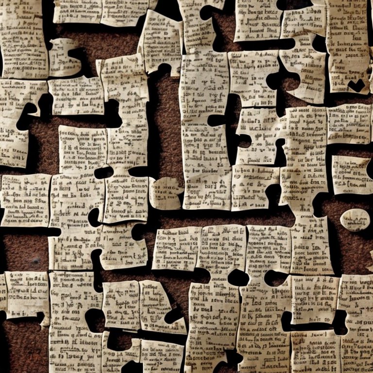 An image created by the Stable Diffusion 2.1 Demo. The model was asked to produce an image with the prompt, 'Text from an old book cut up like a jigsaw puzzle with pieces missing'.