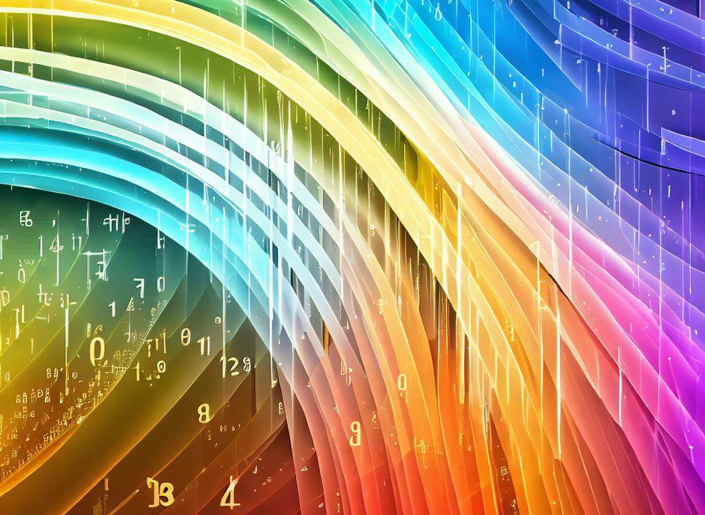 An illustration of a colorful rainbow, with each band of the rainbow featuring a selection of numbers to represent data. Image created by Bing Image Creator.