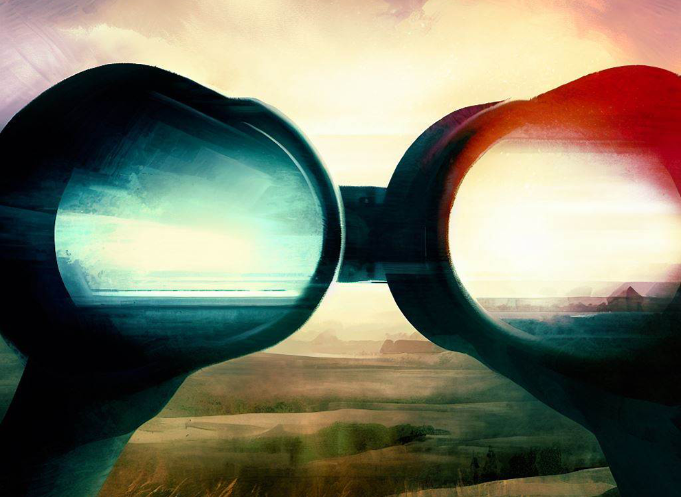 Looking to distant landscape through binoculars, digital art. Image created by Bing Image Creator.