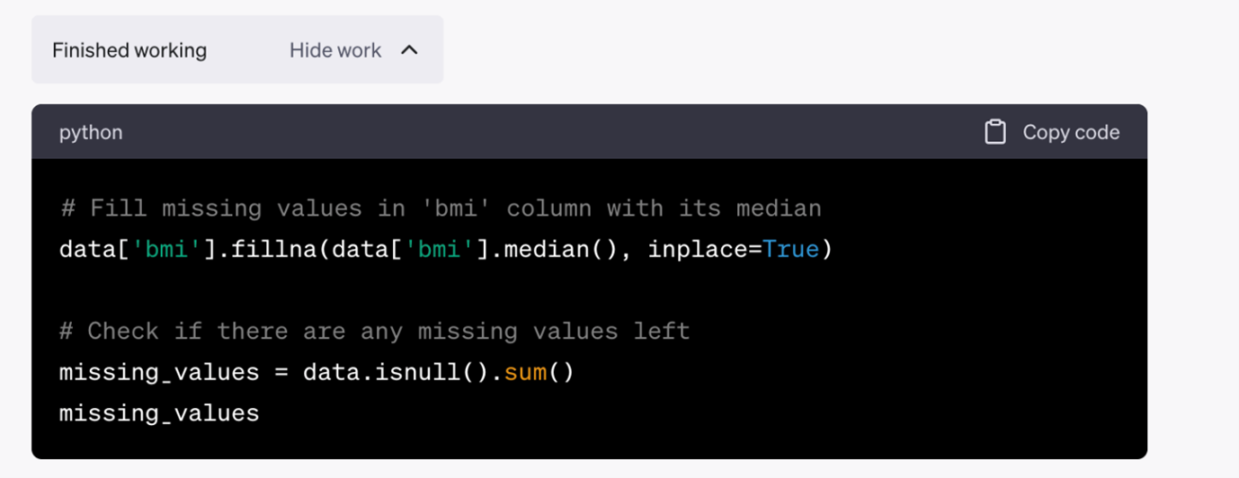 Screenshot of code output from ChatGPT Code Interpreter, showing how to set missing values in dataset to the median value.