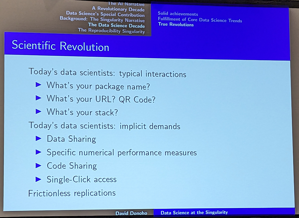 Slide text reads: Today's data scientists: typical interactions: What's your package name? What's your URL? QR Code? What's your stack? Today's data scientists: implicit demands: Data sharing, Specific numerical performance measures, Code sharing, Single-click access. Frictionless replications.