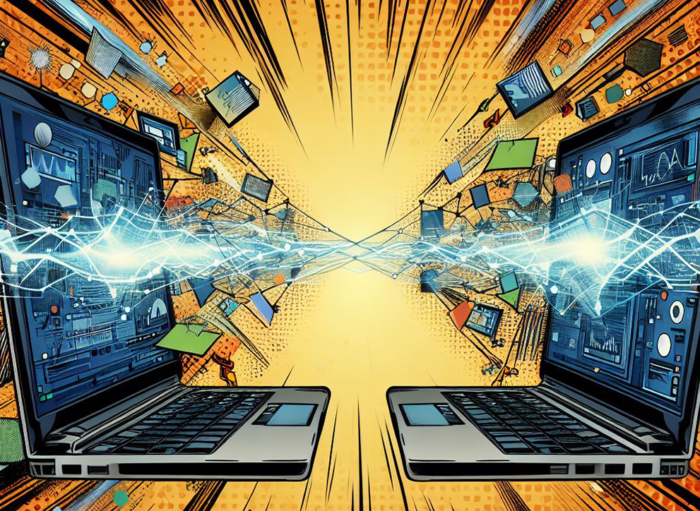 Two laptops connecting directly and becoming super charged, with a range of data visualisations in the background, comic book style. Created by Bing Image Creator.