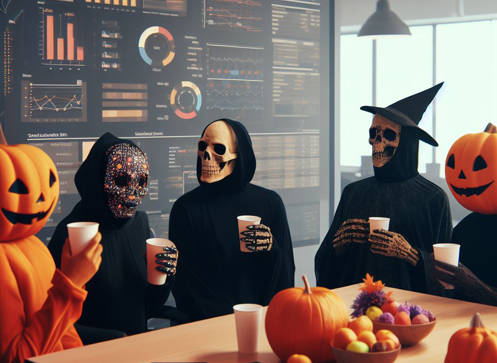 Halloween characters chatting over coffee at a professional conference focused on data science, digital art created by Bing Image Creator.