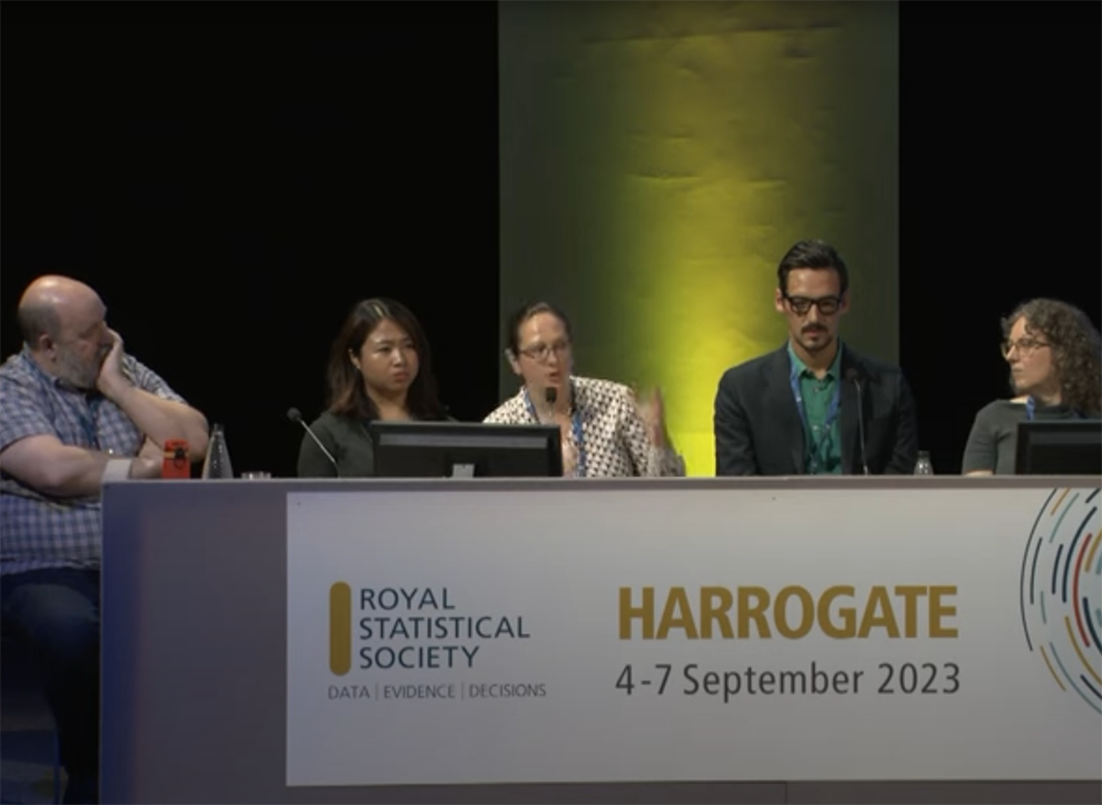 Screengrab of RSS Conference panel members showing, left to right, Peter Wells, Maxine Setiawan, Sophie Carr, Chris Nemeth, and Karen Tingay.