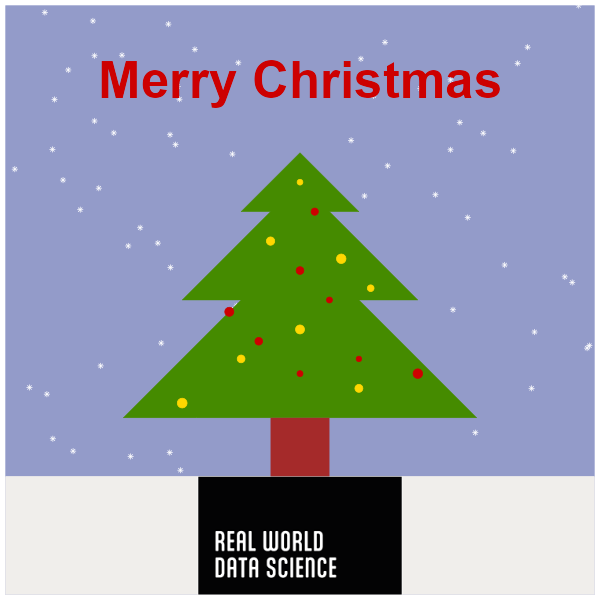 Purple square with white snowflakes and green tree in foreground. Tree is decorated with red and gold baubles of various sizes. Text over tree reads Merry Christmas. Under tree is a logo for the Real World Data Science website.