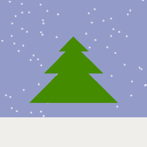 Purple square with white snowflakes and green tree in foreground.