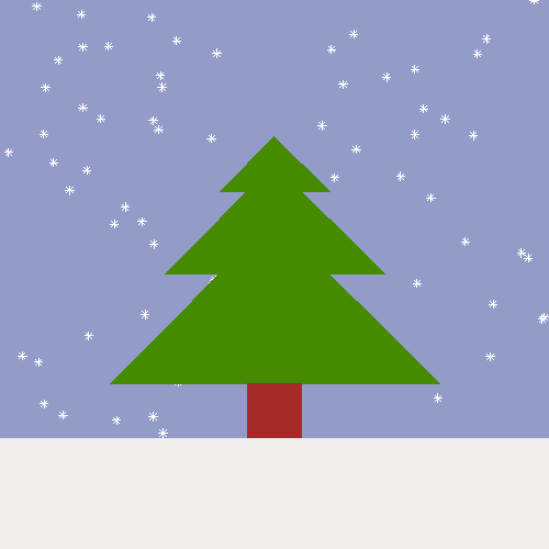 Purple square with white snowflakes and green tree in foreground, now with brown trunk at foot of tree.