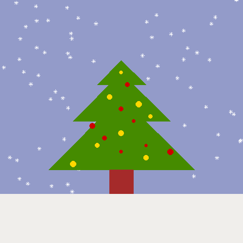 Purple square with white snowflakes and green tree in foreground. Tree is decorated with red and gold baubles of various sizes.