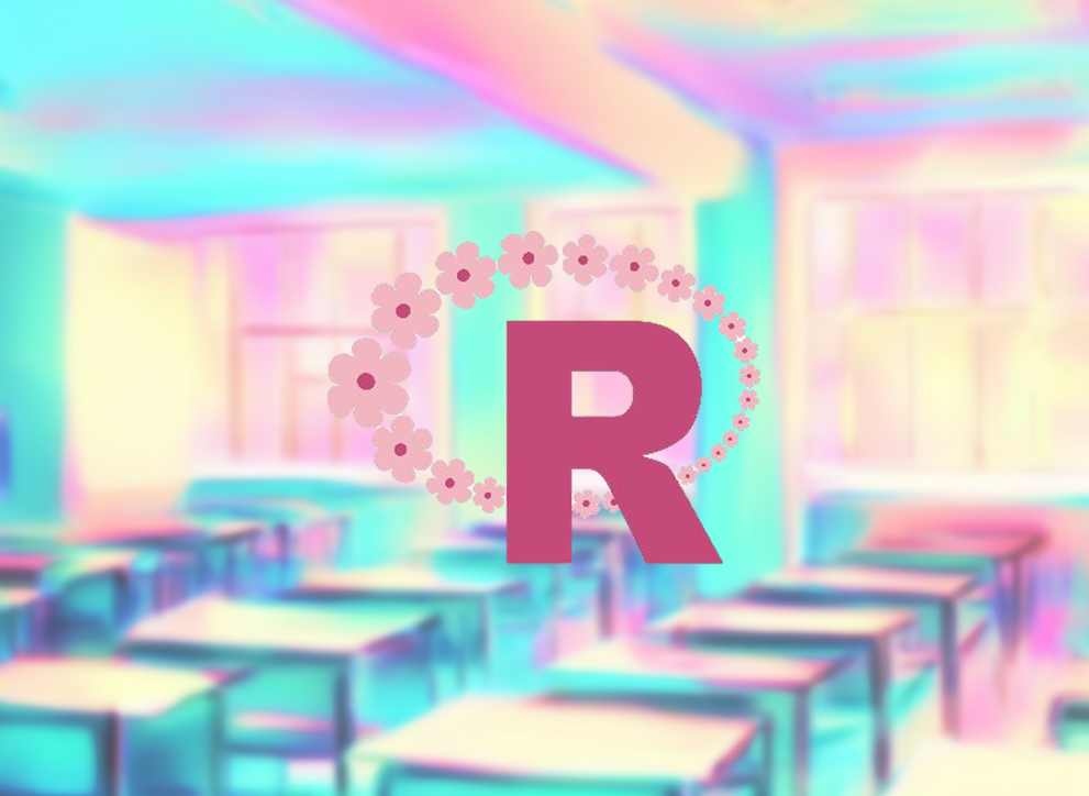 R-Girls logo layered on top of a classroom scene, rendered in bright pastel colours, created by Bing Image Creator.