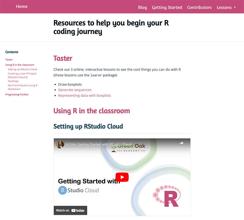 Screenshot of R-Girls website, showing a few taster lessons for setting up and using R in class.