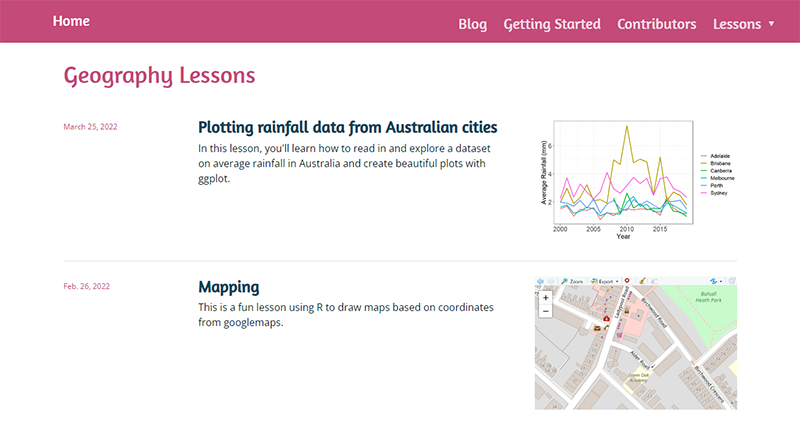 Screenshot of R-Girls website, showing two geography lessons: one on plotting rainfall data from Australian cities, and one on mapping.
