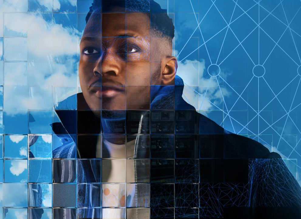 A photographic rendering of a young black man standing in front of a cloudy blue sky, seen through a refractive glass grid and overlaid with a diagram of a neural network.